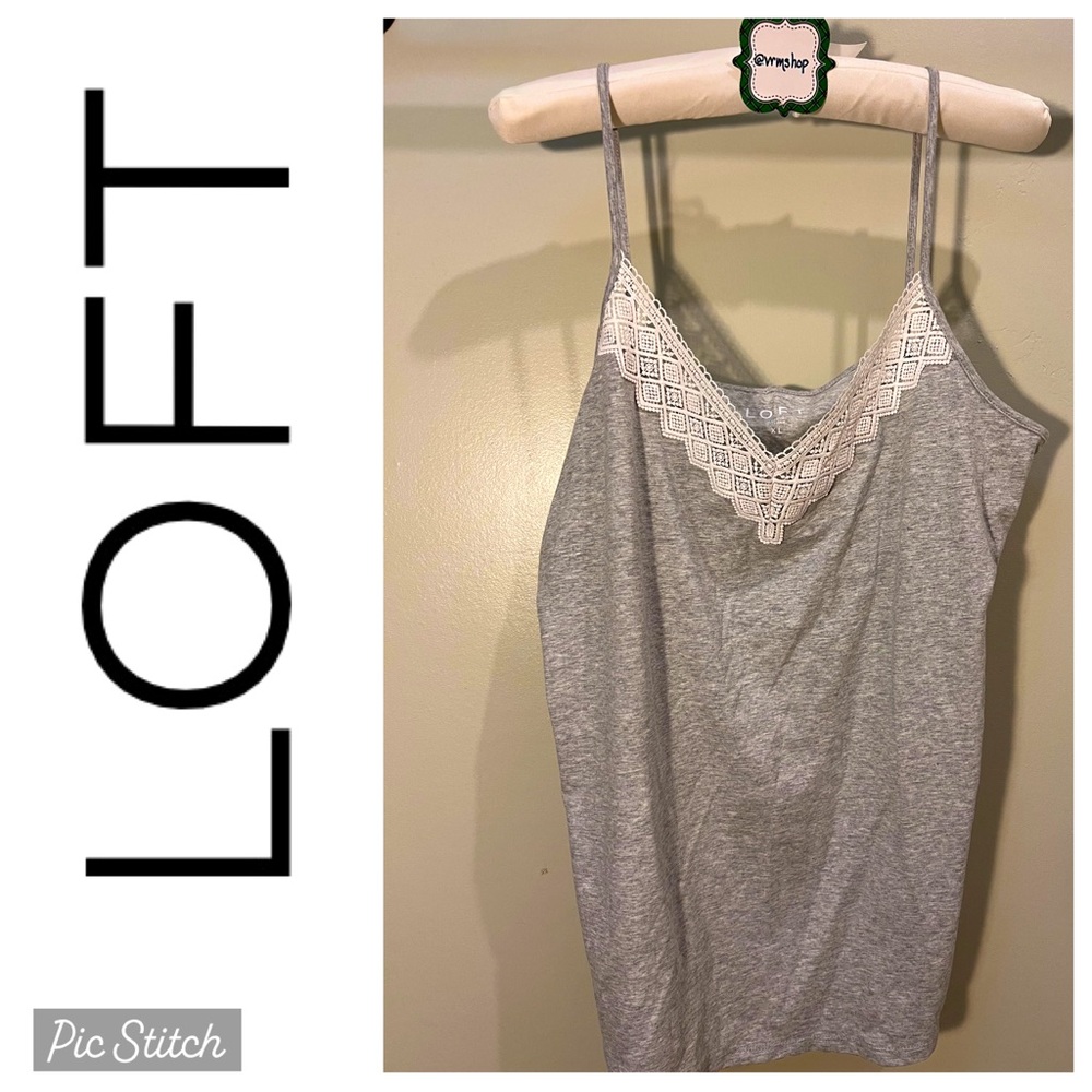 LOFT Lace Camisole with V-neck & spaghetti straps,
Gray with white lace, Sz XL